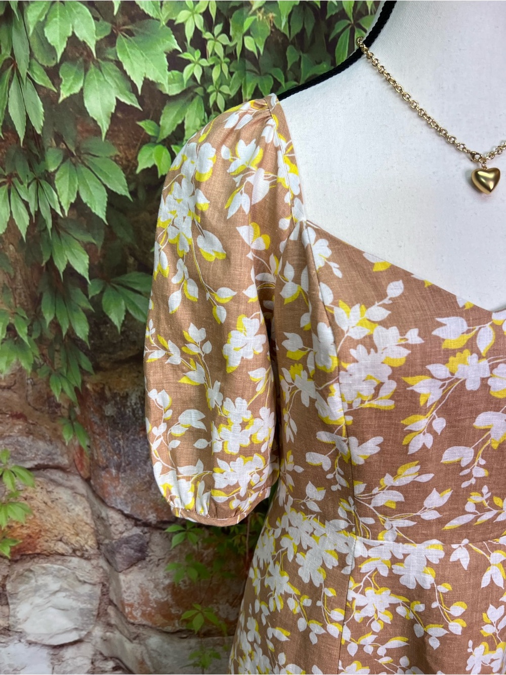 DRAPER JAMES Camel Cottagecore Floral Linen Sweetheart Neckline Dress, 2 - Picture 3 of 14